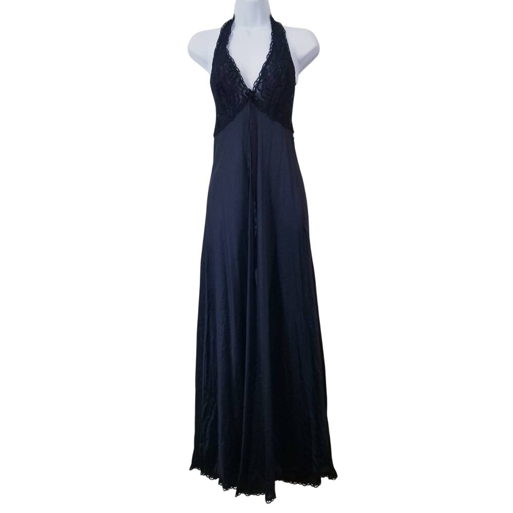 Vintage Lucas Black Lace Slip Night Gown Halter Neckline V-neck